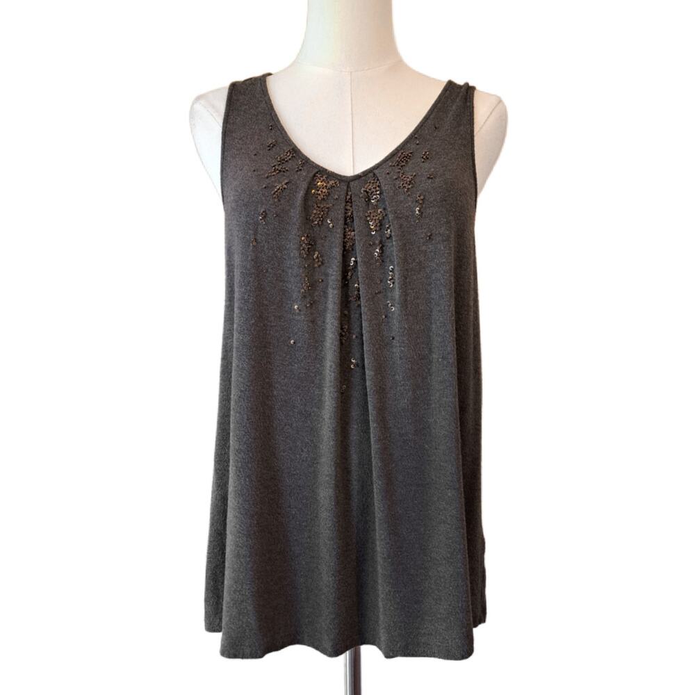 Eileen Fisher Petite PS Brown Sequin Embellished V-Neck Viscose Stretch Tank Top